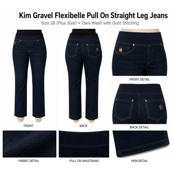 Belle by Kim Gravel Denim - Kim Gravel Flexibelle Pull On Straight Leg Jeans 28W Dark Wash Gold Stitching